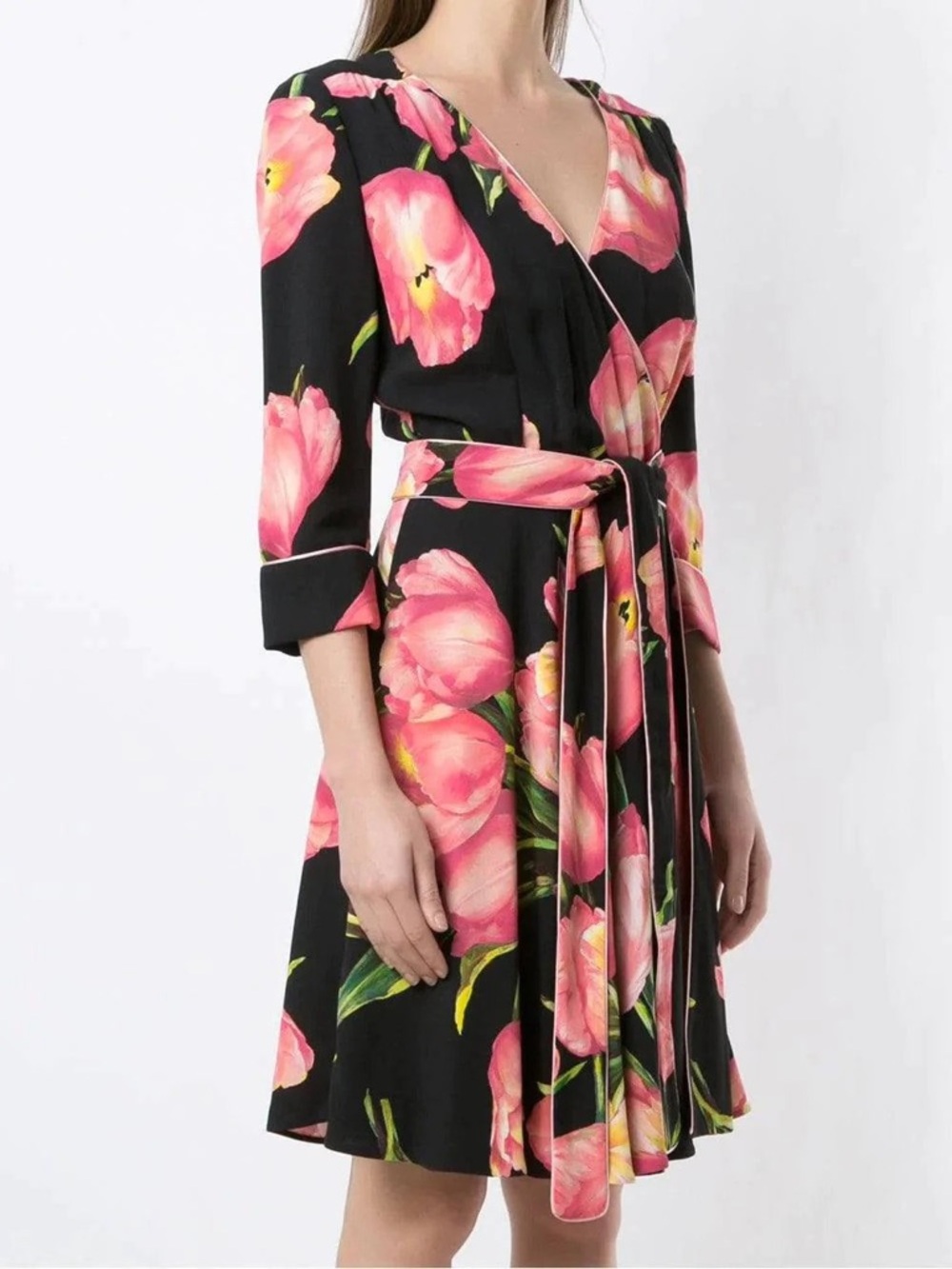 Dolce & Gabbana Black Pink Tulip Print Stretch Shift Dress